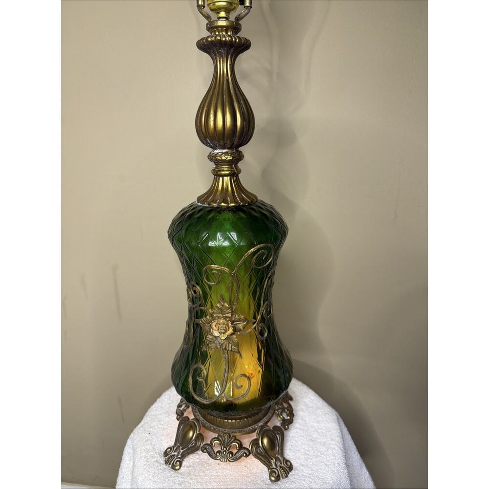 Table Lamp Green Diamond Glass Hollywood Regency MCM Antique Rose Tokyo Japan - Picture 5 of 16